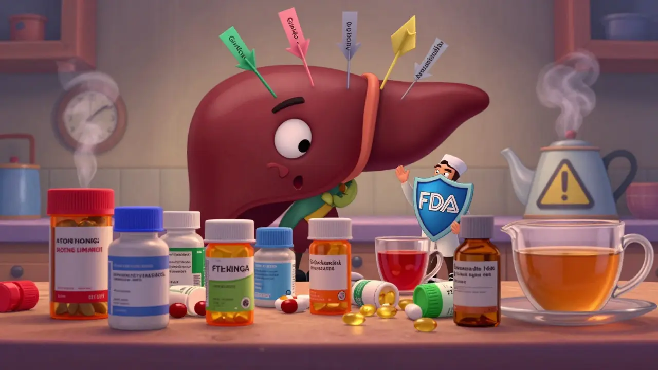 A chaotic kitchen counter with pills and herbs attacking a cartoon liver, while a tiny doctor tries to protect it from arrows labeled with supplement names.