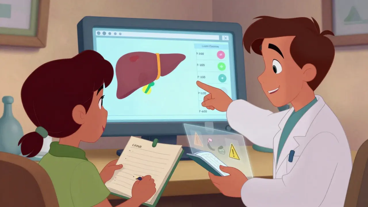 A doctor and patient reviewing health data on a monitor in a bright clinic, with the patient holding a notebook.