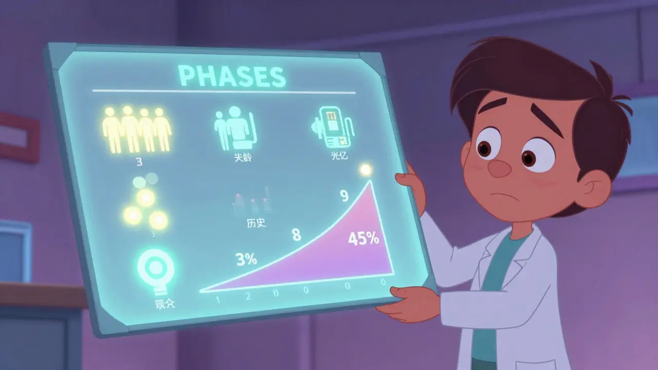 A doctor holding a glowing PHASES score chart with six factors lighting up as risk increases from 3% to 45%.