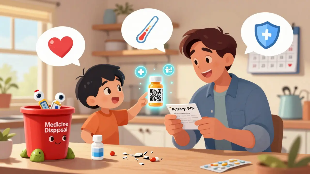 A family examines a glowing QR code on a pill bottle while disposing of expired medication in a shaped bin.