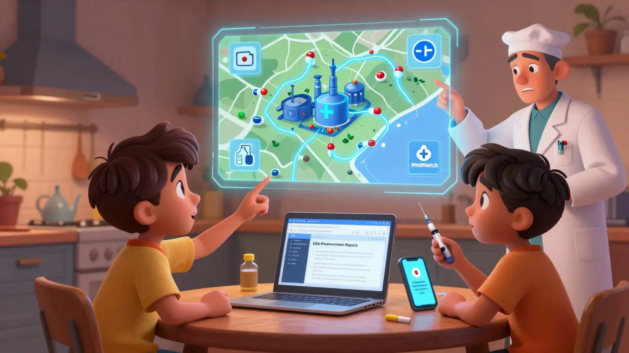 A family reviews an FDA recall notice online while a blockchain map traces drug contamination back to a factory.