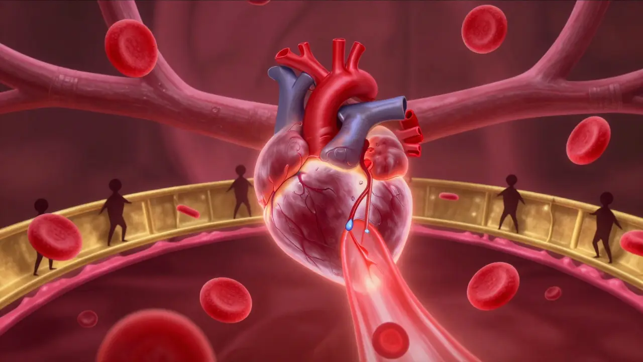 A glowing heart pumping blood smoothly with clots blocked by a barrier.