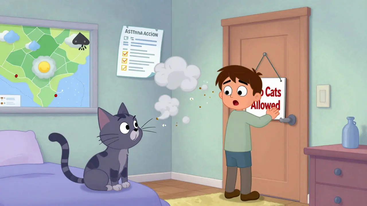A person closing a bedroom door to keep out a cat, with allergy triggers floating in the air and an asthma plan nearby.
