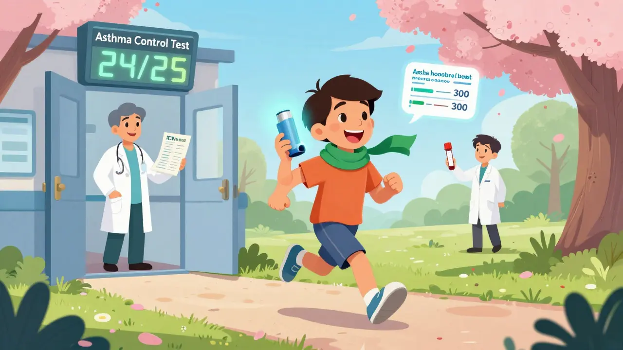 A person jogging happily with a glowing inhaler, a scoreboard showing high asthma control, and a doctor holding an action plan.