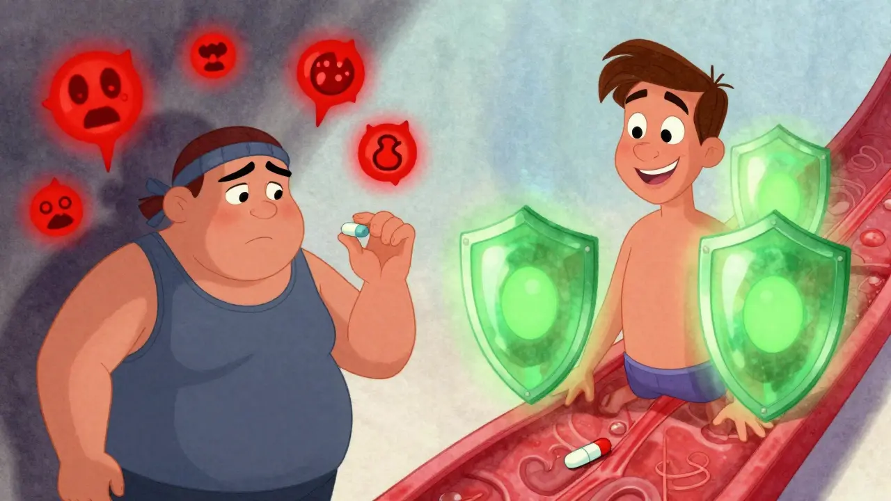 A worried patient with high BMI beside a glowing apixaban user, symbolizing bleeding risk versus safety.