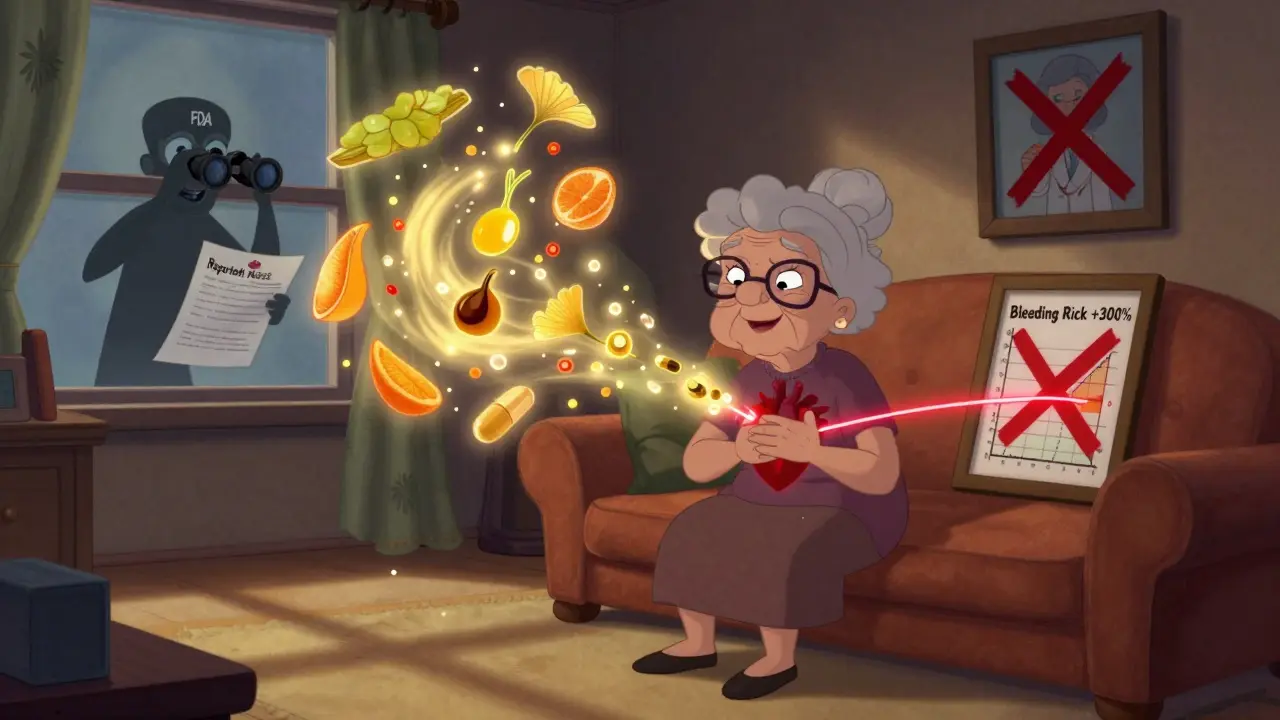 An elderly woman clutching her chest as glowing supplements swirl around her, with a chart showing increased bleeding risk and a shadowy FDA figure watching.