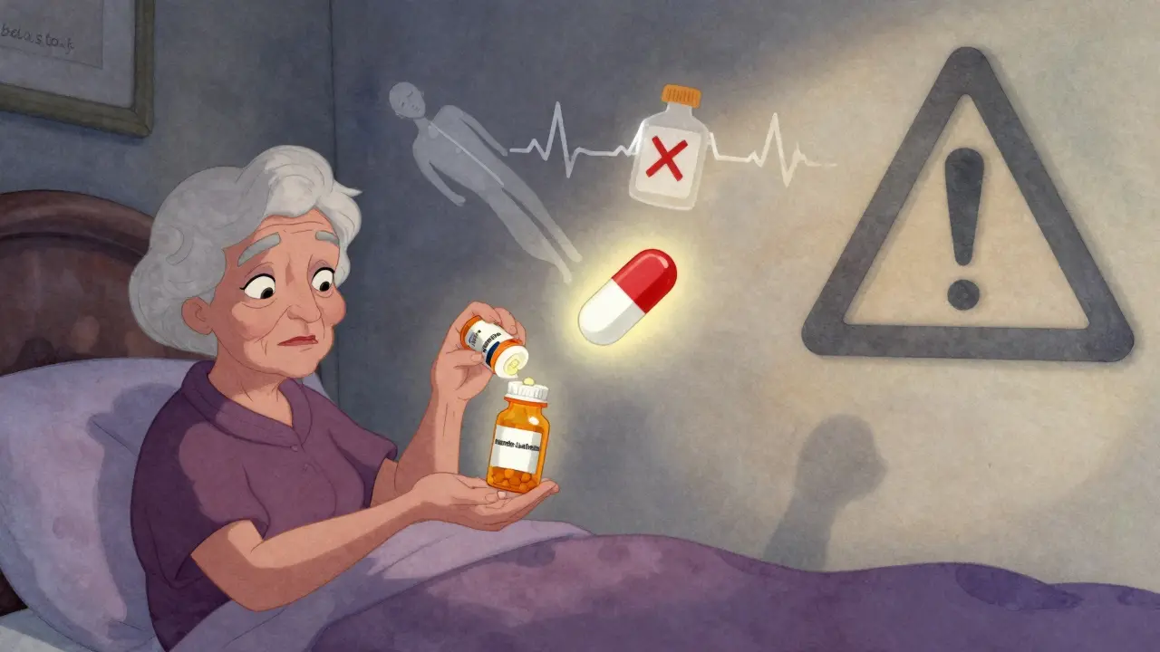 An elderly woman receiving two antimalarial pills, surrounded by floating risk symbols like a fainting figure and ECG line.