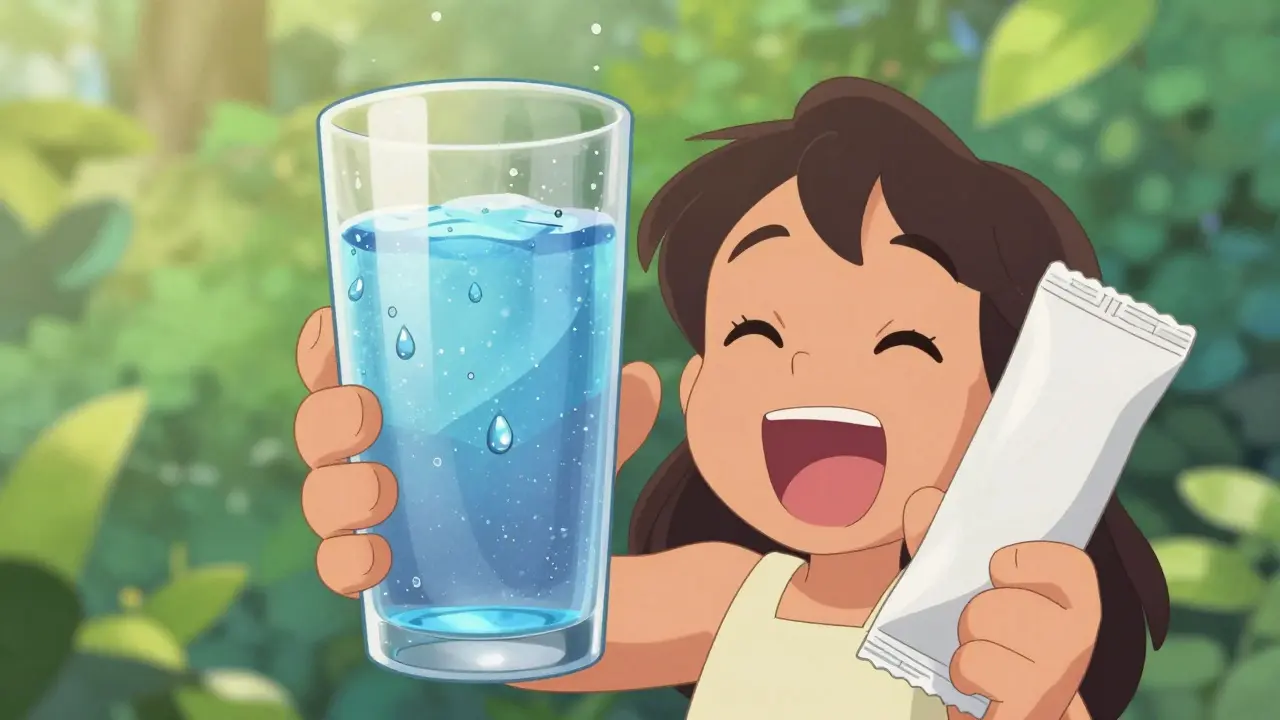 Cartoon character drinking water with fiber supplement