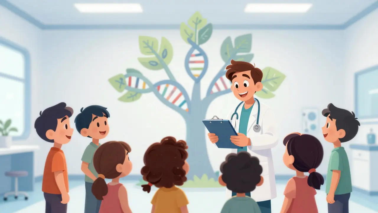 Doctor consulting family group during genetic screening session