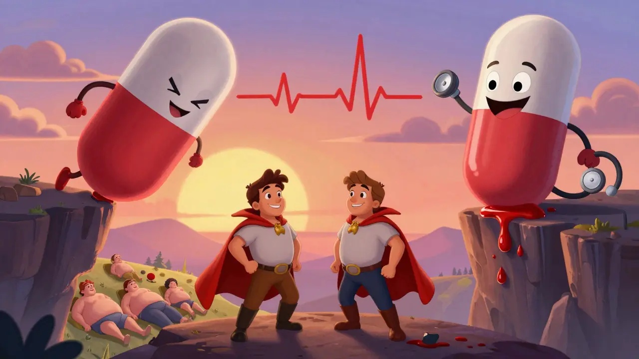 Heroic blood thinner pills standing tall as dabigatran is pushed away, representing best choices for obesity.