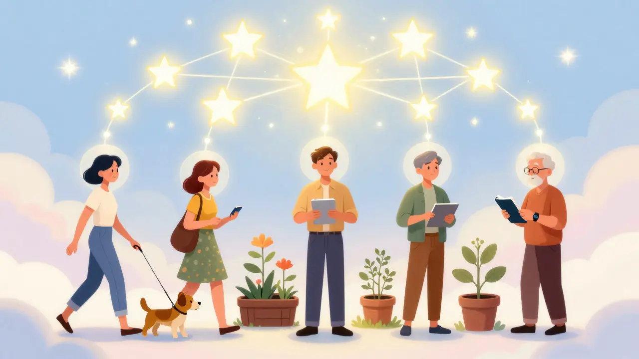 People in daily life with glowing wearable devices, their data rising as stars into a connected network above.