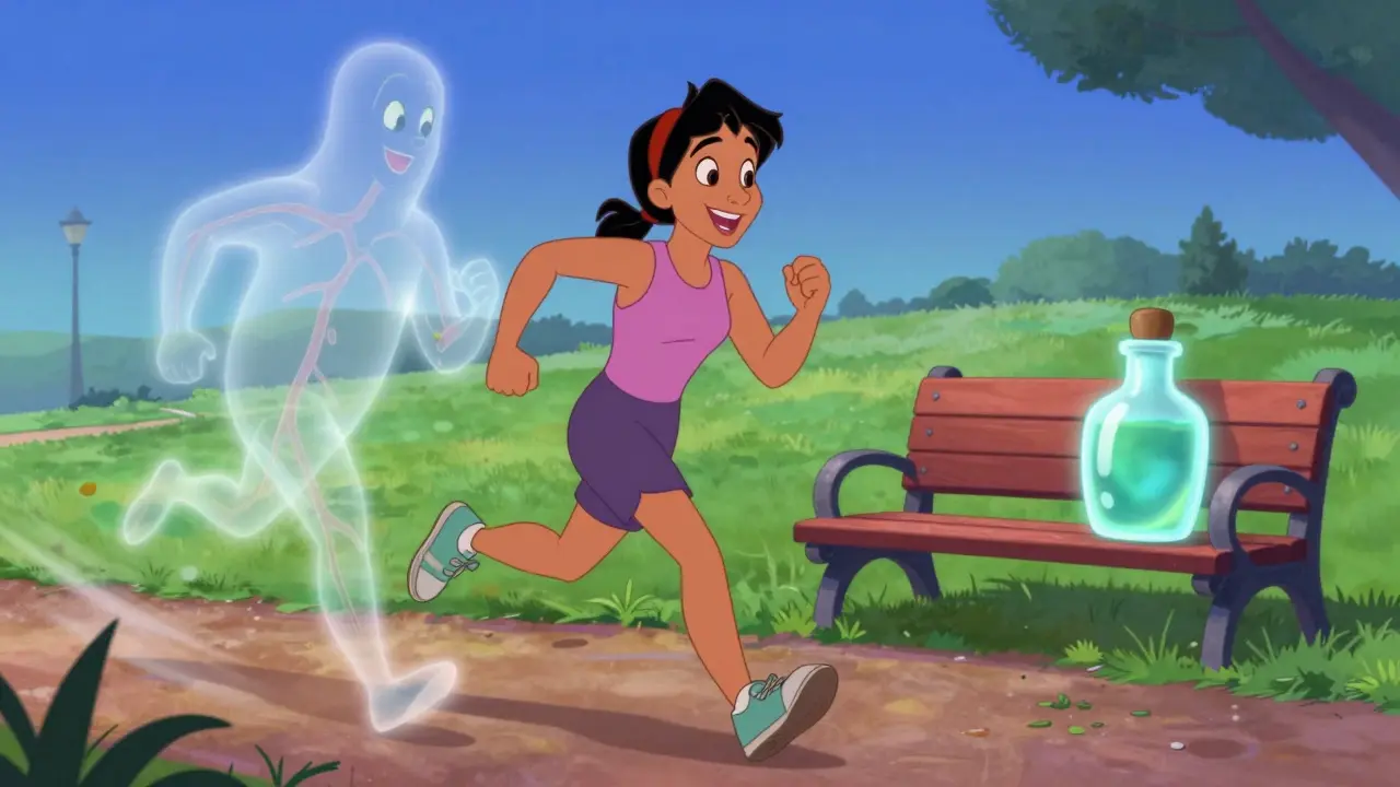 Runner in park with healthy body silhouette and medicine bottle