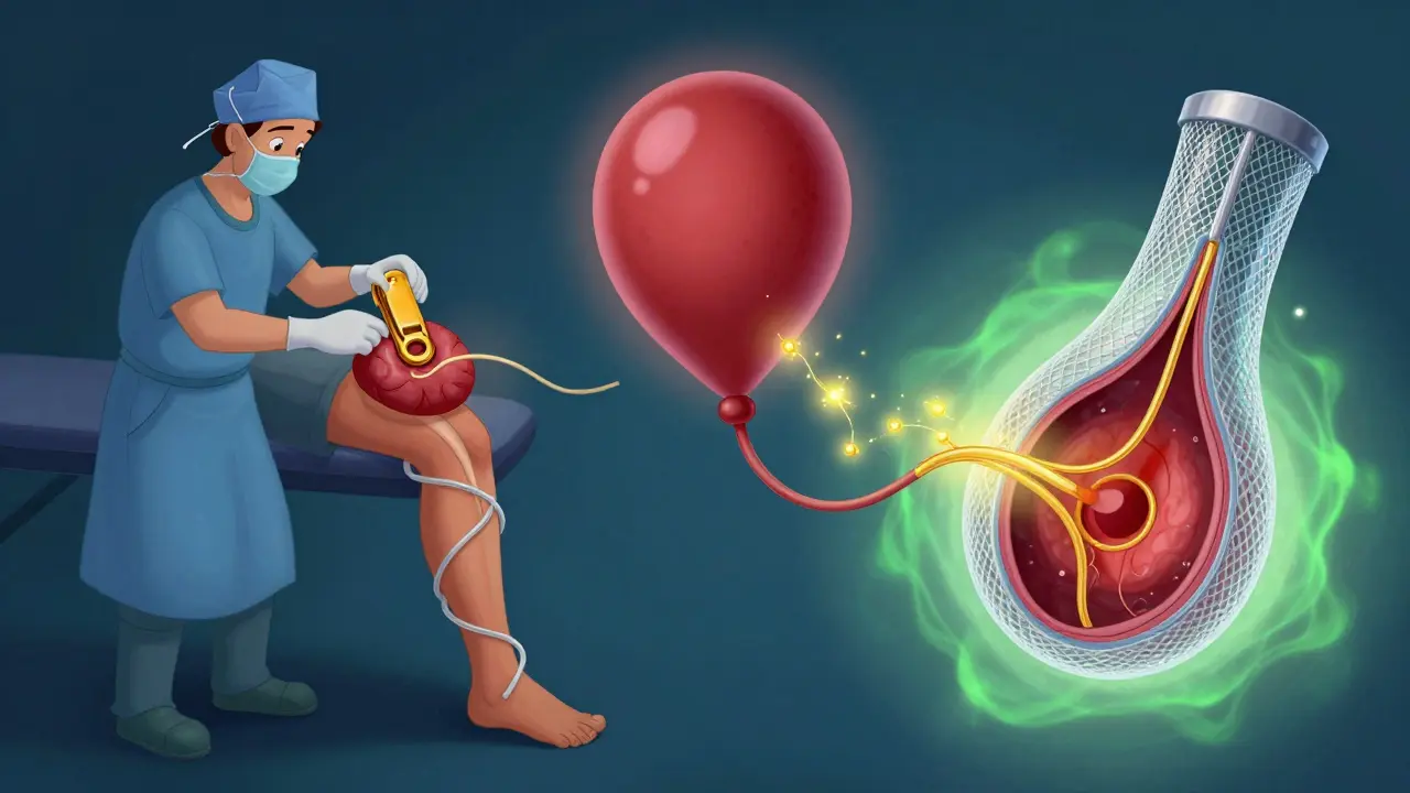 Three medical treatments illustrated: surgical clipping, endovascular coiling, and flow diversion with mesh stents in a whimsical, colorful style.