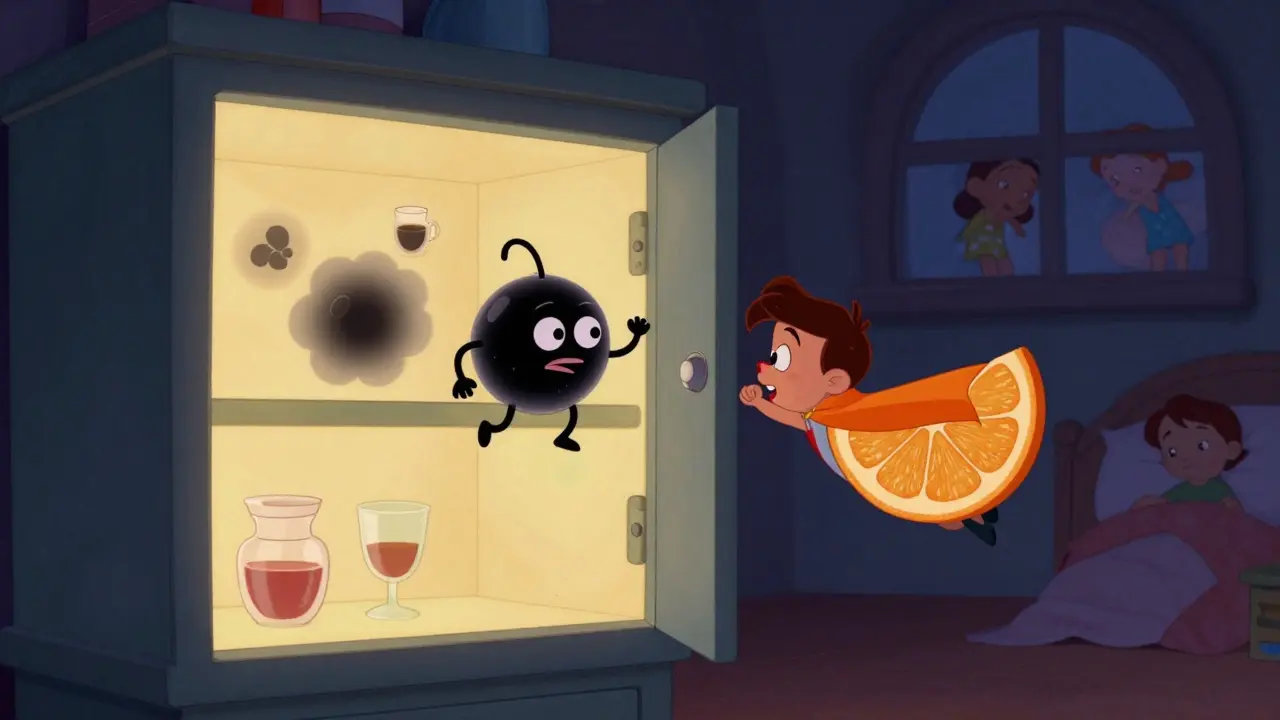 Vitamin C superhero rescues iron molecule from coffee and tea clouds, glowing medicine cabinet in background.