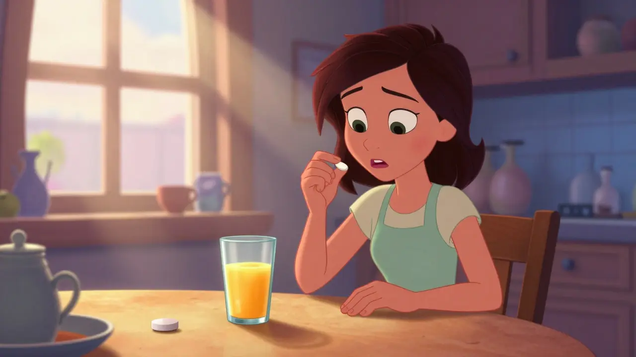 Woman taking iron with orange juice in morning sunlight, calcium tablet left behind on dinner table.