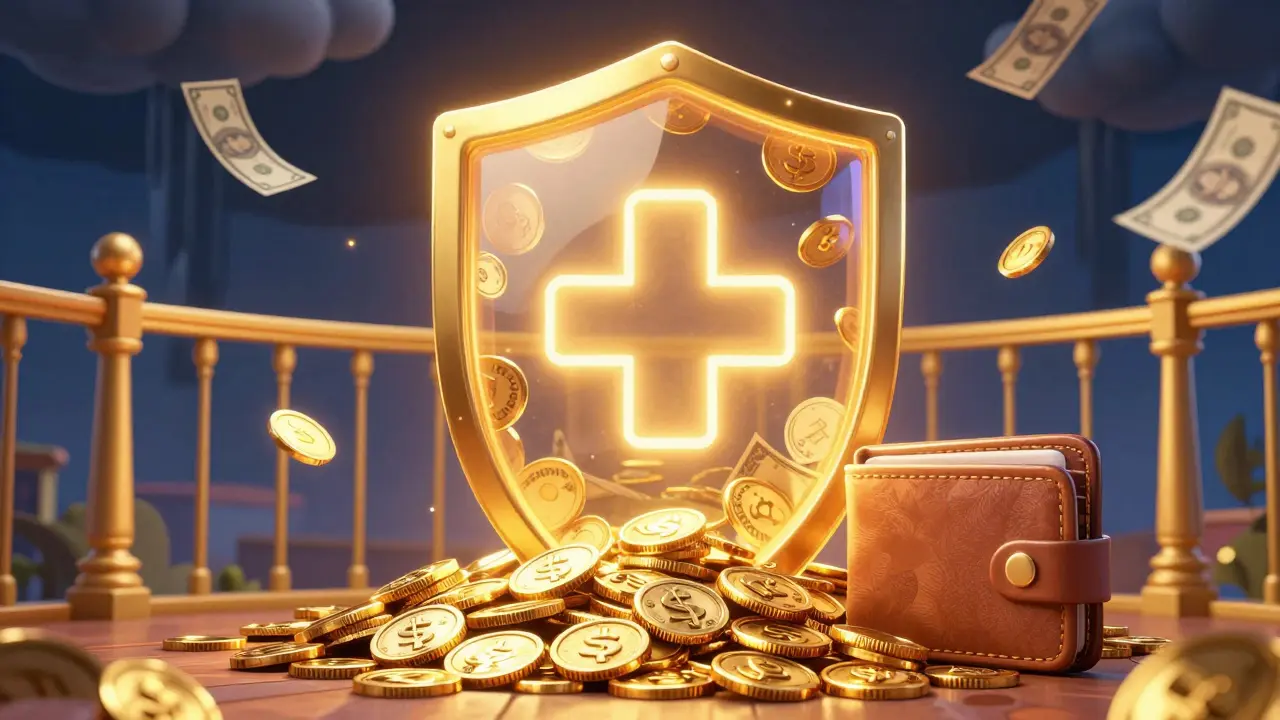 A glowing golden shield protecting savings from high medical costs