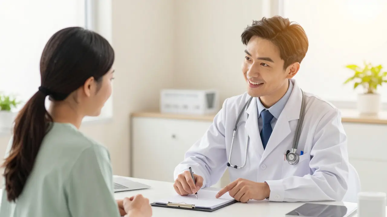 A kind doctor and a patient discussing a sleep diary in a bright medical office.