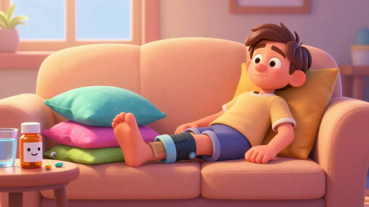 A person resting with an elevated leg and antibiotics nearby in a cozy Disney style room.