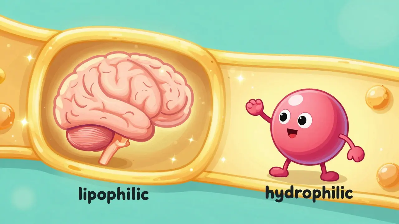 Conceptual illustration of molecules crossing or bouncing off the blood-brain barrier.