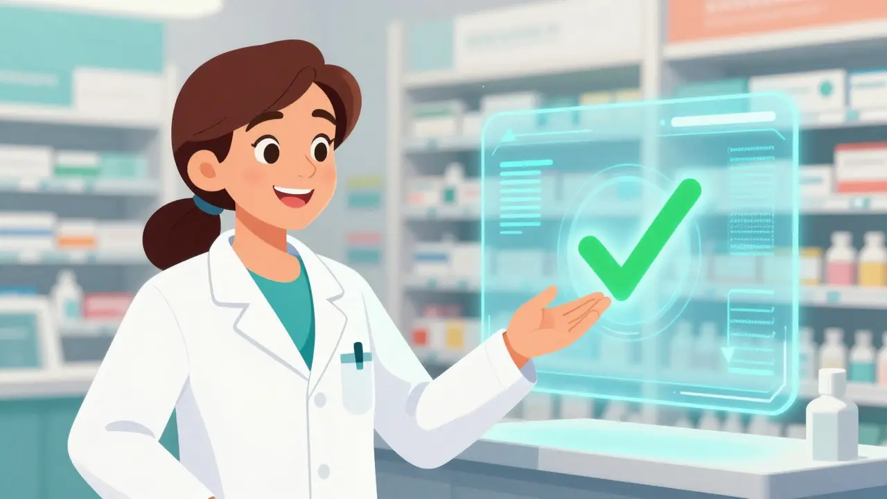 Friendly pharmacist showing drug savings on a holographic screen