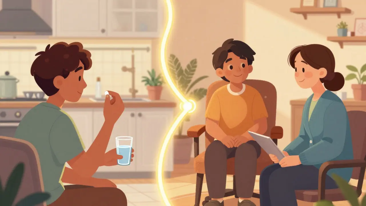 Split scene of a person taking medication and attending a therapy session.