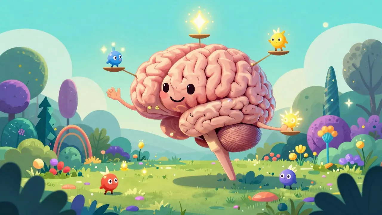 Whimsical illustration of glowing neurotransmitters balancing in a colorful brain garden.